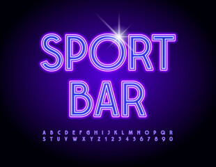 Vector Neon Emblem Sport Bar. Trendy Neon Font. Trendy Glowing Alphabet Letters and Numbers set.