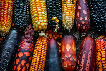 Mix of peruvian native variety of heirloom corns from local market in Cusco, Peru that use for making Chicha morada which is the staple food for Inca and Maya people around Central and South America - obrazy, fototapety, plakaty