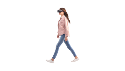 woman walking with virtual reality glasses, isolated on white
