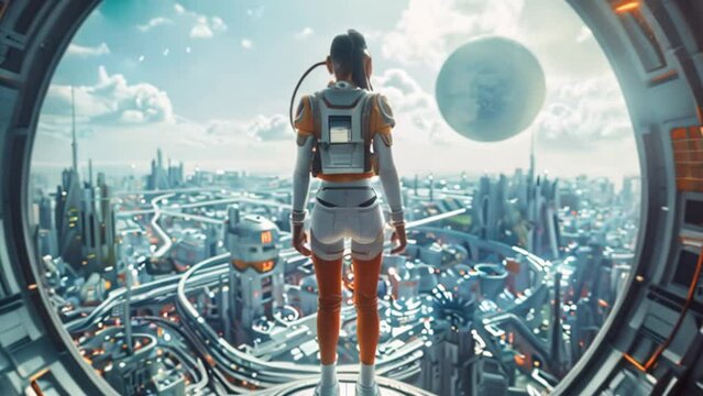 From behind, a photograph of a woman dressed in futuristic clothing stands on a podium overlooking an aerial view of a futuristic city.