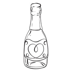a black and white drawing of a bottle of wine with a heart on it