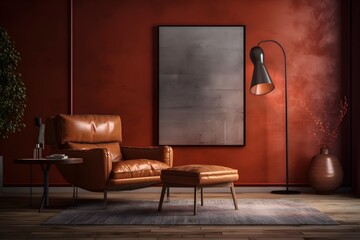 In the inside of a living room with a leather armchair, carpet, floor lamp, and coffee table on hardwood flooring, there is a blank vertical poster on a red concrete wall