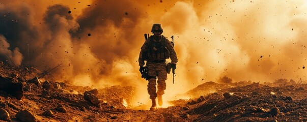 military special forces soldiers crosses destroyed warzone through fire and smoke in the desert, wide poster design with copy space area - Generative AI