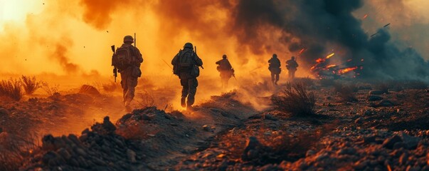 military special forces soldiers crosses destroyed warzone through fire and smoke in the desert, wide poster design with copy space area - Generative AI