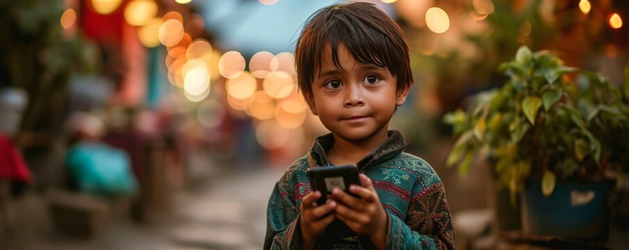 Indian or Pakistani or Mexican Hispanic little boy holding his mobile phone watching or messaging social media for online internet coverage in poor and worldwide areas as wide banner, Generative AI