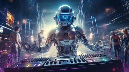 Futuristic party scene with a colorful AI dj robot and music speakers - obrazy, fototapety, plakaty