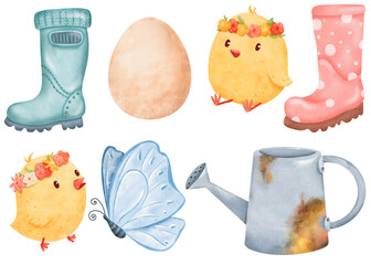 watercolor set. rubber boots, chicks adorned with floral wreaths, a blue butterfly, a hen's egg, and a rusty watering can. farm-themed designs, and creative projects in need of a rustic flair
