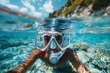 Man snorkeling over a coral reef in clear blue water. - obrazy, fototapety, plakaty
