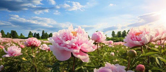 A vast field filled with blooming pink peony flowers stretches under a clear blue sky. The colorful...