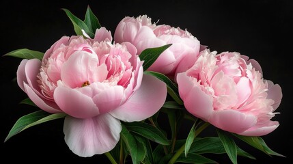 three pink peonies are in a vase on a black background, with green leaves on the top of the peonies.