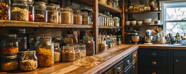 Fototapeta premium kitchen pantry storage room for home supplies organized with food containers and glass jars on shelves racked cabinets, Generative AI