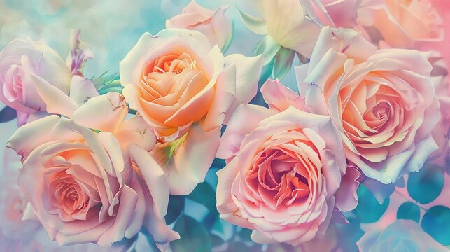 closeup soft pastel color roses bouquet, generative ai