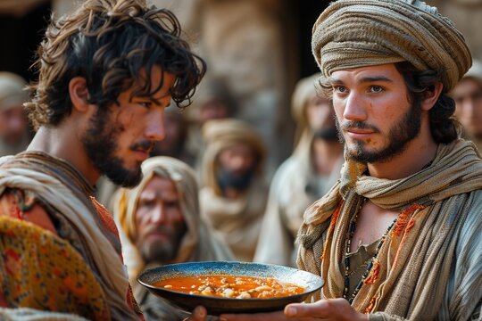 Jacob gives a plate of soup to Esau, Bible story. Sale of firstborn.