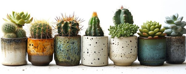 collection Set of different mixed cactus and succulents types of small mini plant in modern ceramic nordic vase pot as furniture cutouts isolated on white background, Generative AI - obrazy, fototapety, plakaty