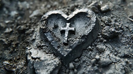 A heart with a cross on it in the mud.