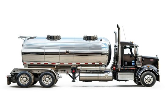 A large chrome fuel tanker truck isolated on white background. 