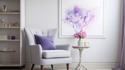 Chic Living Room Decor with White Armchair, Elegant Floral Arrangement and Artwork