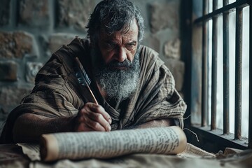 Apostle Paul writing in parchment scroll inspired by the Holy Spirit. - obrazy, fototapety, plakaty