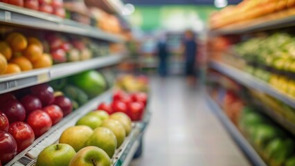 Supermarket store shelves with fruits and vegetables with blurred background