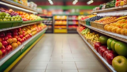 Supermarket store shelves with fruits and vegetables with blurred background