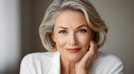 Beautiful 50s mid aged mature woman isolated on white background. skin care beauty, skincare cosmetics concept. Perfect for Mother's Day, Women's Day, promotion of skincare and cosmetic products.