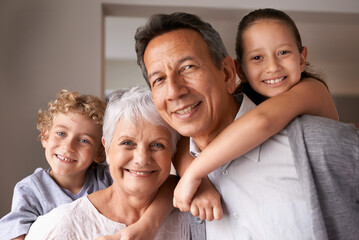 Portrait, grandparents or grandchildren for piggyback, family or play with multi generation...