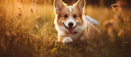 A Welsh Corgi puppy exudes happiness as it runs through a field, with the golden light of sunset illuminating its fur. The scene captures a moment of carefree play and the special bond between the dog