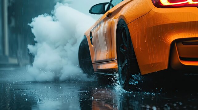 Dynamic image of an orange sports car driving through rain puddles on a wet surface, splashing water around © Volodymyr Skurtul