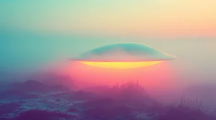 Foto op Canvas Illustration of a flying saucer or unidentified flying object against a surreal morning or evening landscape © CaptainMCity