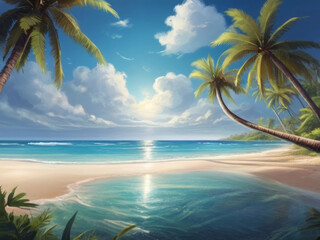 Fototapeta premium Turquoise water of a tropical sea, palm trees along the beach, feathered clouds, generative ai
