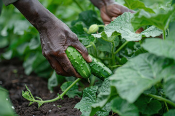 A hand grabbing a cucumber from plant in field