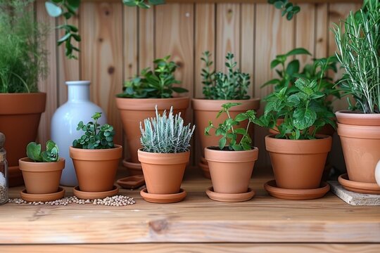 Assortment of potted herbs and plants on a wooden table with a white vase.