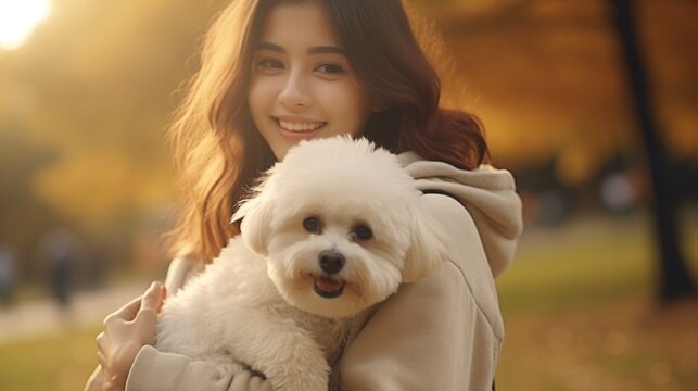 A heartwarming scene unfolds, capturing a close-up photo of a young woman walking with her Bichon Havanais dog in a public park during the serene morning hours. 