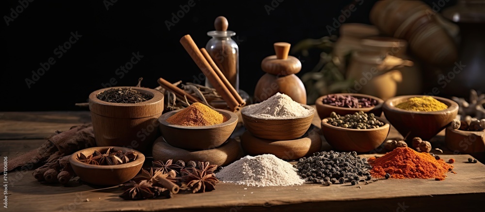 Poster a wooden table is covered with an array of different types of spices, including whole and ground var