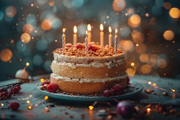 Birthday cake with candles.	