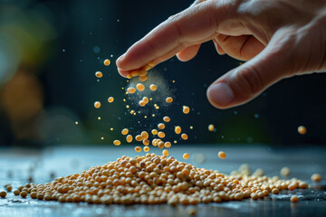 A hand grabbing a soybean from a pile - obrazy, fototapety, plakaty