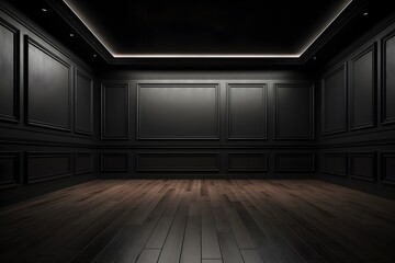 Interior of a modern classic black vacant space with wooden flooring and wall panels