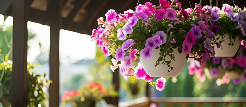 A cluster of petunia flowers hang from the ceiling in a softly-focused image at the Gazebo Cafe, designed by a room designer, creating a unique and eye-catching display.
