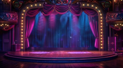 a zoom background of a stage Free stage with lights, lighting devices, Shining spotlights and empty scene. Neon stage curtains, downstage and main valance of theatre