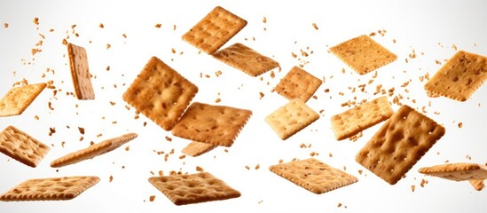 A burst of crunchy rectangular crackers is seen flying into the air against a white background. The crackers appear to be falling in various directions, creating a dynamic and chaotic movement.