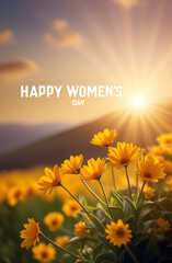 Caption: "Happy Women's Day!" and spring flowers. Spring background