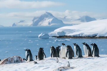 A group of penguins stands on a snowy Antarctic shore, with a crisp, clear sky in the background, capturing the essence of arctic wildlife.