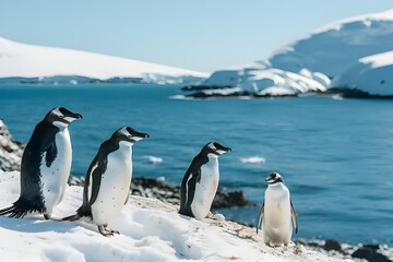 Obraz premium A group of penguins stands on a snowy Antarctic shore, with a crisp, clear sky in the background, capturing the essence of arctic wildlife.