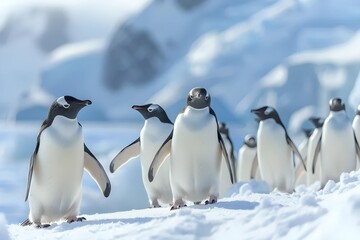 Obraz premium A group of penguins stands on a snowy Antarctic shore, with a crisp, clear sky in the background, capturing the essence of arctic wildlife.