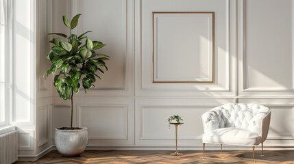 armchairs in room with white wall and big frame poster on it. Scandinavian style interior design of modern living room