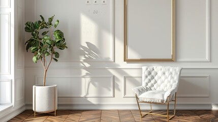 armchairs in room with white wall and big frame poster on it. Scandinavian style interior design of modern living room