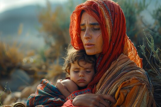 Hagar cries in desert. Bible character.