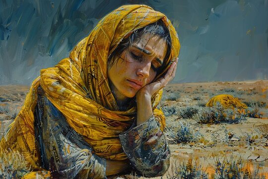 Hagar cries in desert. Bible character.