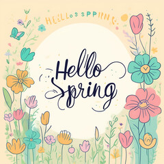 Inscription: "Hello spring" and spring flowers. Spring background