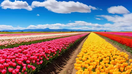 Fotobehang A ripe colorful tulip field in an agricultural landscape. A picturesque view of the field. Generative AI © kovalovds